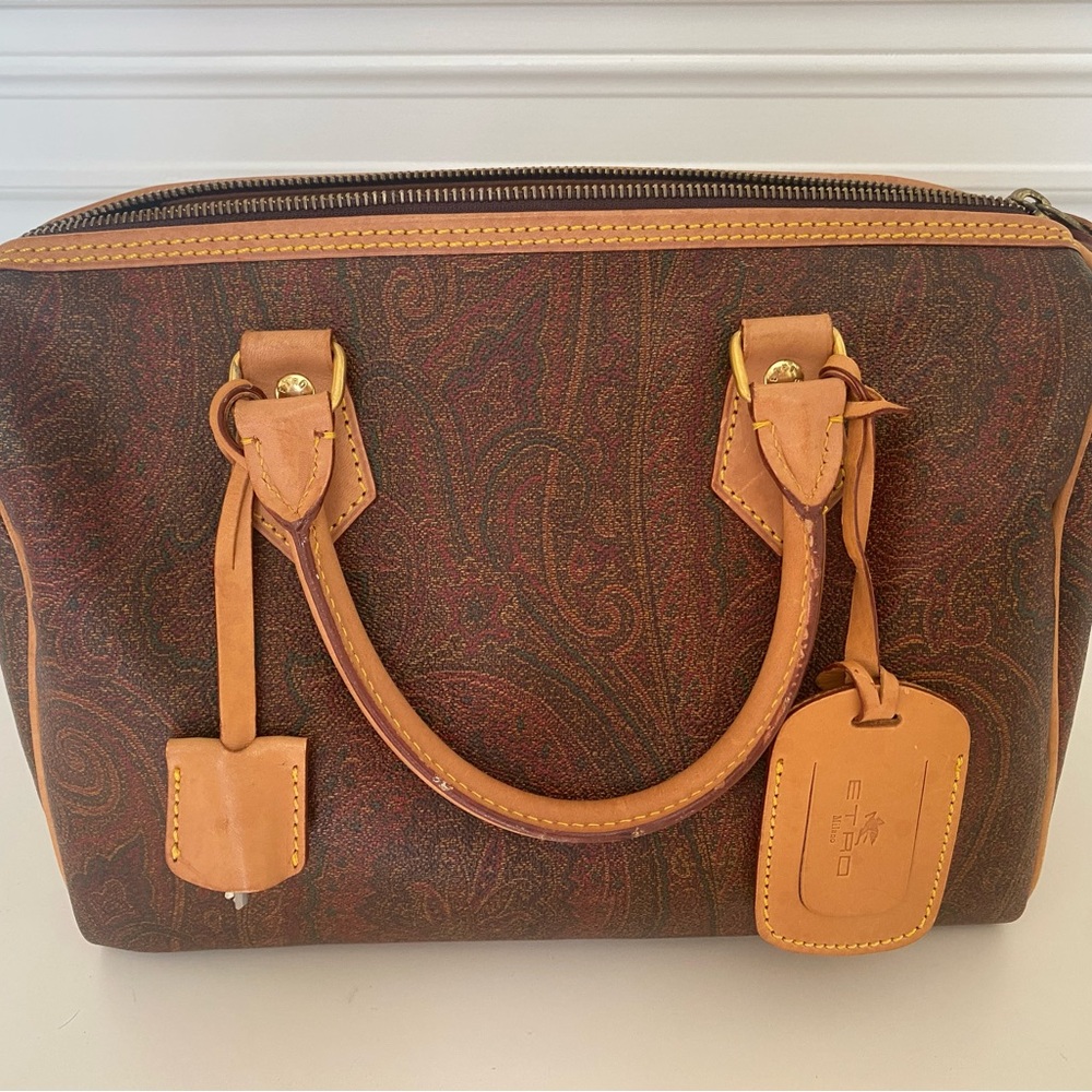 Etro Milano Brown and Tan Satchel with Monogram Design